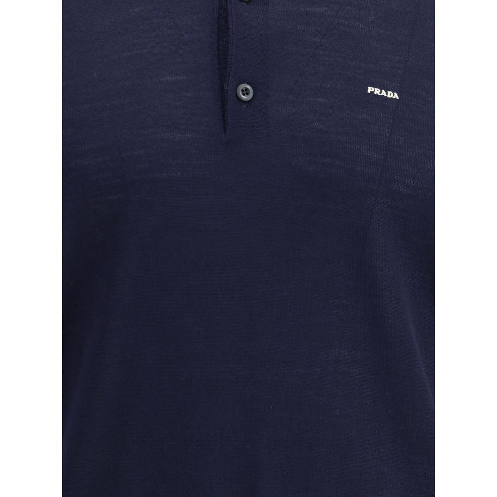 Prada Blue Fleece Wool Polo Shirt with ribbed collar and discreet logo, elegant and timeless design for AW25 season.