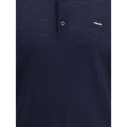 Prada Blue Fleece Wool Polo Shirt with ribbed collar and discreet logo, elegant and timeless design for AW25 season.
