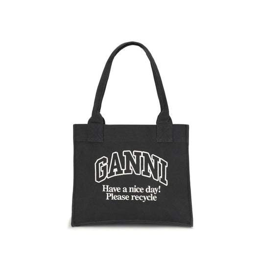 Ganni Black Cotton Shoulder Bag with recycled cotton interior, featuring "GANNI" logo and sustainability message "Have a nice day! Please recycle."
