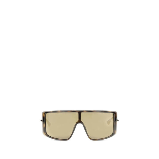 Alexander McQueen Brown Acetate Sunglasses with gold-tone T-Bar temples, tortoiseshell frame, and brown gradient lenses.