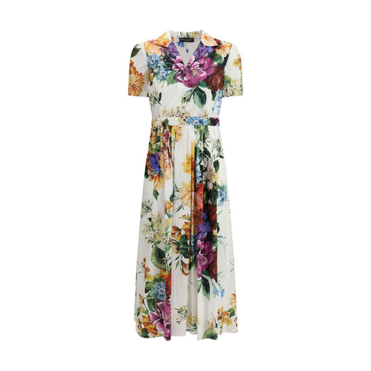 Dolce & Gabbana Multicolor Cotton Casual Dress with floral design, featuring a button closure, wide skirt, and side pockets.