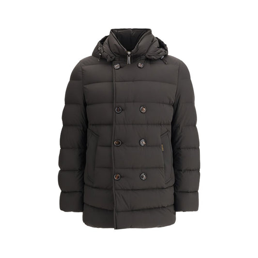 MooRER Black Polyamide Coat - Florio Down Jacket with removable hood, double-breasted, goose down filled, AW25 season.