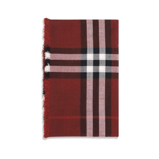 Burberry Red Wool Scarf with iconic check pattern in Oxblood and Post Red, reversible wool and silk design for AW25 collection.