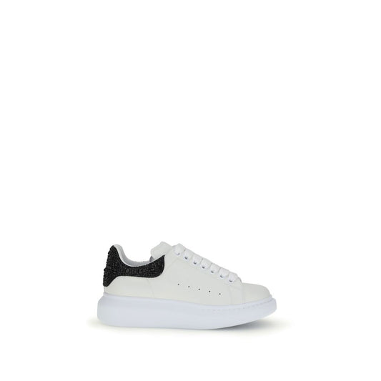 Alexander McQueen White Leather Chunky Sneakers with crystal-accented black heel and thick rubber sole, made in Italy, AW25 collection.