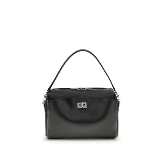 Balenciaga Black Calf Leather Bos Taurus Shoulder Bag with silver-tone hardware and adjustable strap.