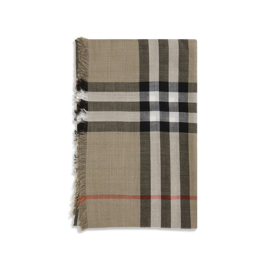 Burberry Beige Wool Scarf with check pattern and fringed edges, made of wool-silk blend, showcasing classic elegance and versatility.
