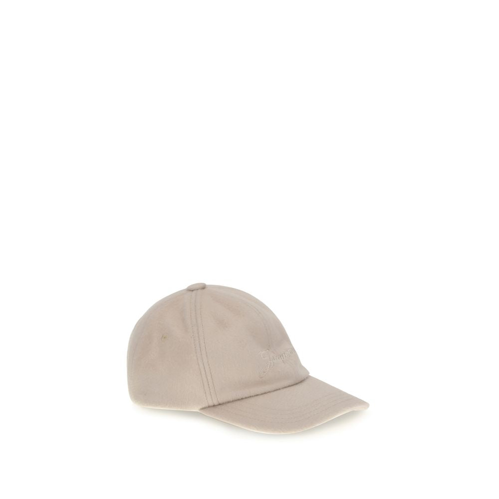 Jacquemus Beige Wool Cap (Baseball Hat) with embroidered logo, adjustable buckle, AW25, crafted from 100% wool for comfort and style.
