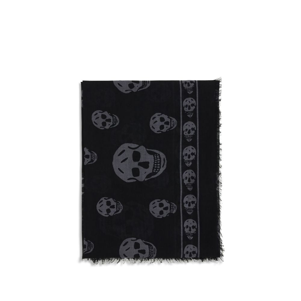 Alexander McQueen Black Modal Scarf with skull motif and fringed edges, made from silk and modal blend. Contemporary accessory for AW25.