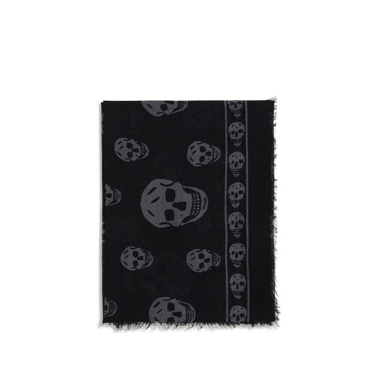 Alexander McQueen Black Modal Scarf with skull motif, 120x120cm silk-modal blend, fringed edges.