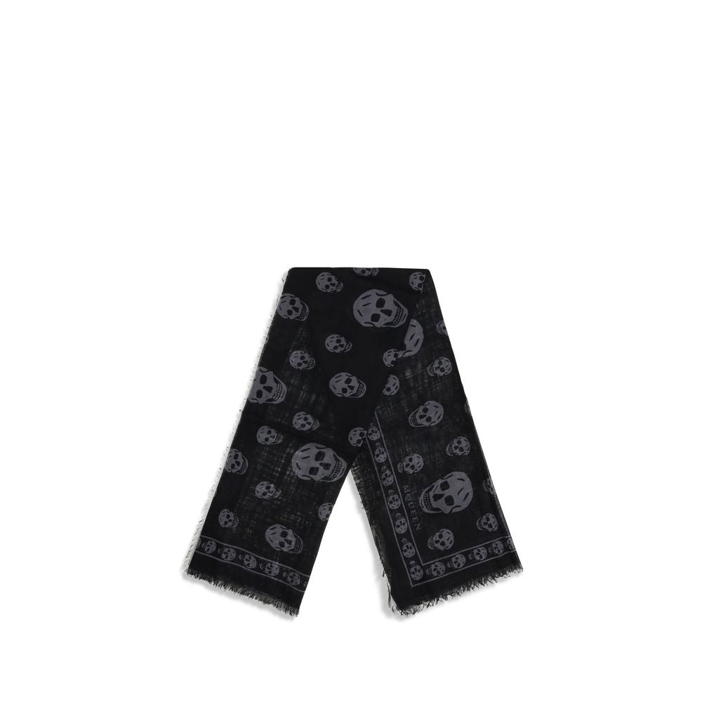 Alexander McQueen Black Modal Scarf with Skull motif and fringed edges, 120x120, silk-modal blend, AW25 collection