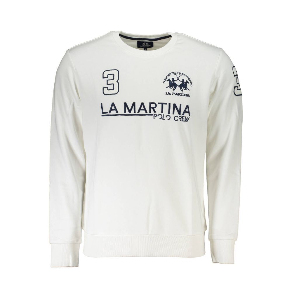 La Martina White Cotton Men's Sweater with embroidery and contrasting details on display