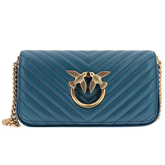 PINKO Blue Calfskin Women Crossbody Bag with bird detail and matelassé pattern.