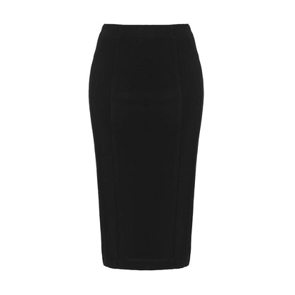 PINKO Black Viscose Skirt with rear zip closure and slim fit design, crafted from stretch technical fabric, made in Italy, rear slit visible.