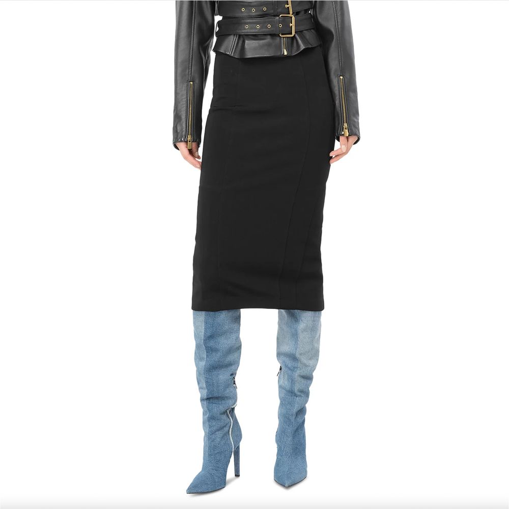 PINKO Black Viscose Skirt with rear zip closure, stretch technical fabric, slim fit design, modeled with blue denim boots and leather jacket.
