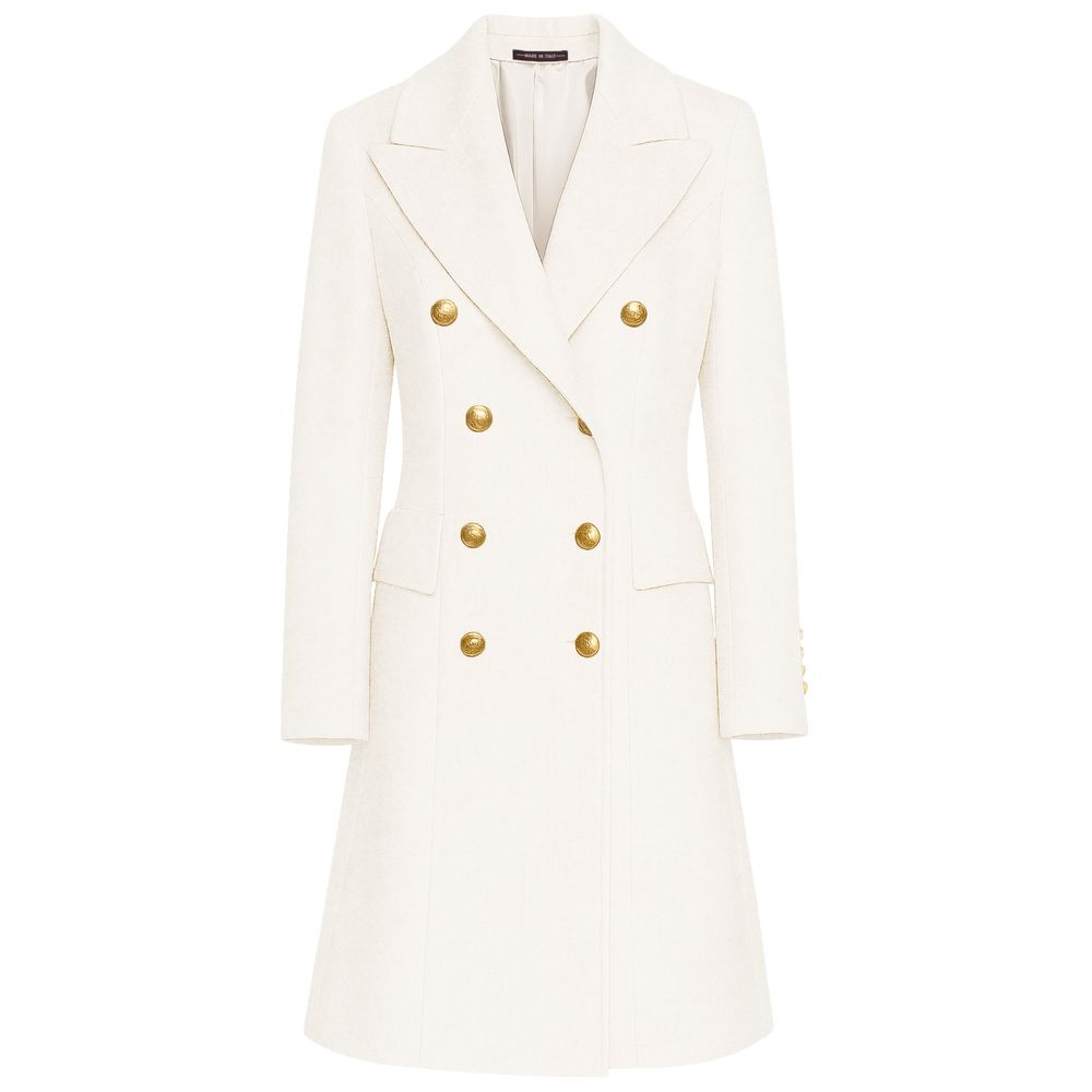 Made in Italy White Wool Women Coat with gold buttons and peak lapels, crafted from luxurious virgin wool for a sophisticated look.