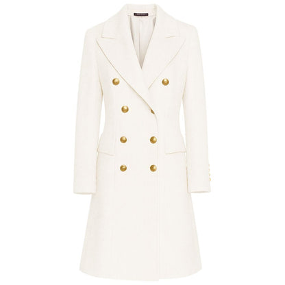 Made in Italy White Wool Women Coat with gold buttons and peak lapels, crafted from luxurious virgin wool for a sophisticated look.