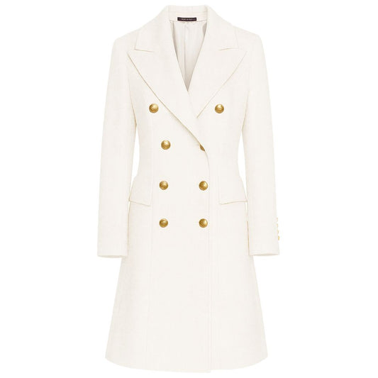 Made in Italy White Wool Women Coat with gold buttons and peak lapels.