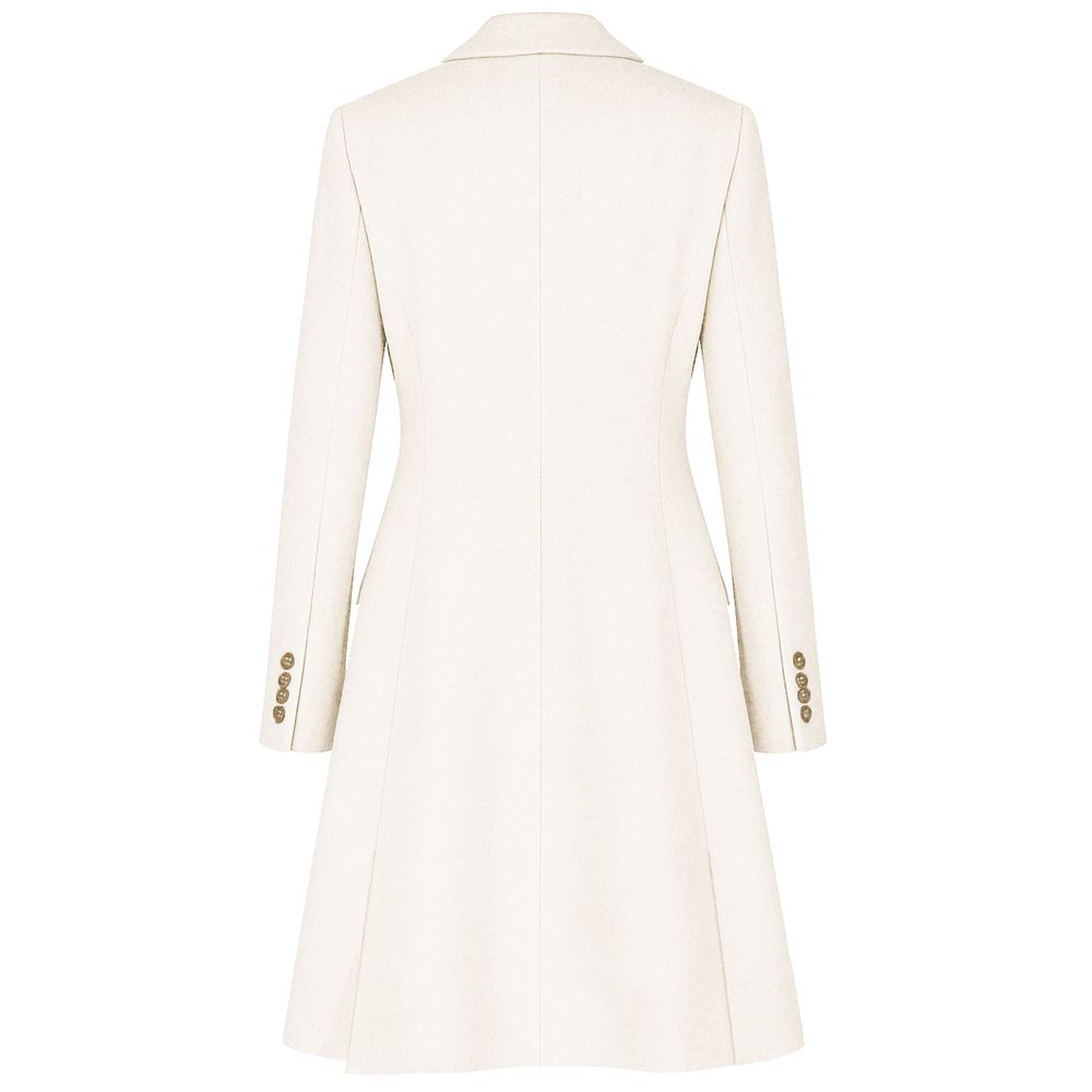 Back view of Made in Italy White Wool Women Coat with gold buttons and tailored design