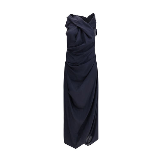 Vivienne Westwood Blue Wool Casual Dress with elegant draping and asymmetric hem, featuring a halter neckline and fitted waist.