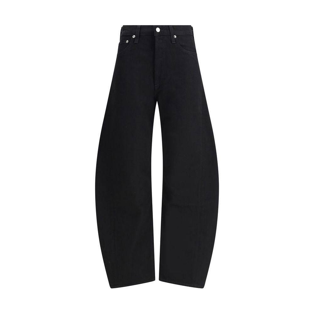 Agolde Black Recycled Cotton High-Waisted Jean with contoured leg and pieced design, lightweight overdyed black denim.