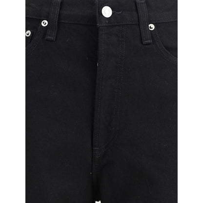 Close-up of Agolde Black Recycled Cotton High-Waisted Jean showcasing button detail and contoured leg in overdyed black denim.