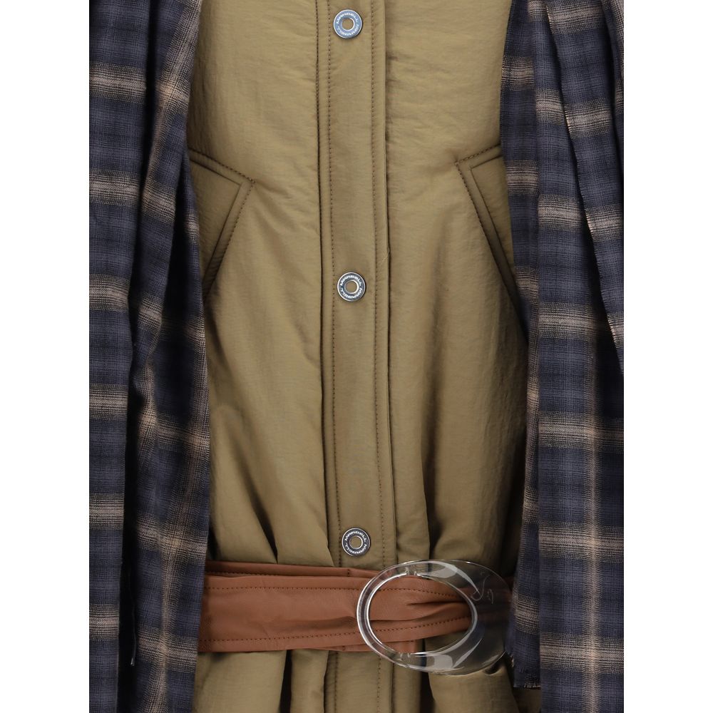 Detail of MARBELL Brown Polyamide Full-Length Jacket showing button closure and fabric belt with plaid accents.