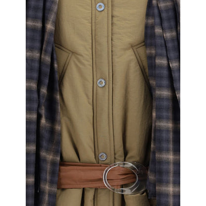 Detail of MARBELL Brown Polyamide Full-Length Jacket showing button closure and fabric belt with plaid accents.
