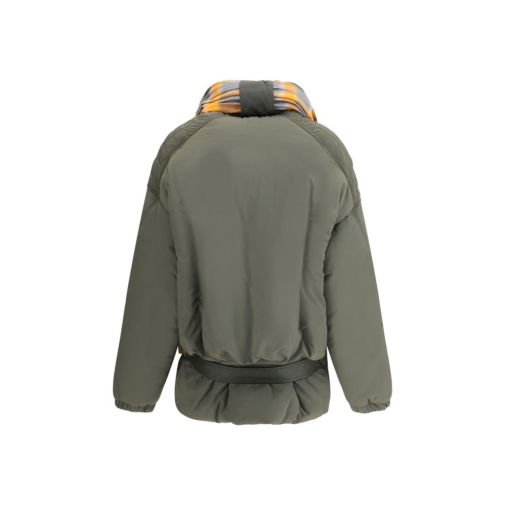 Back view of MARBELL Green Polyamide Shell Jacket with high collar and removable scarf