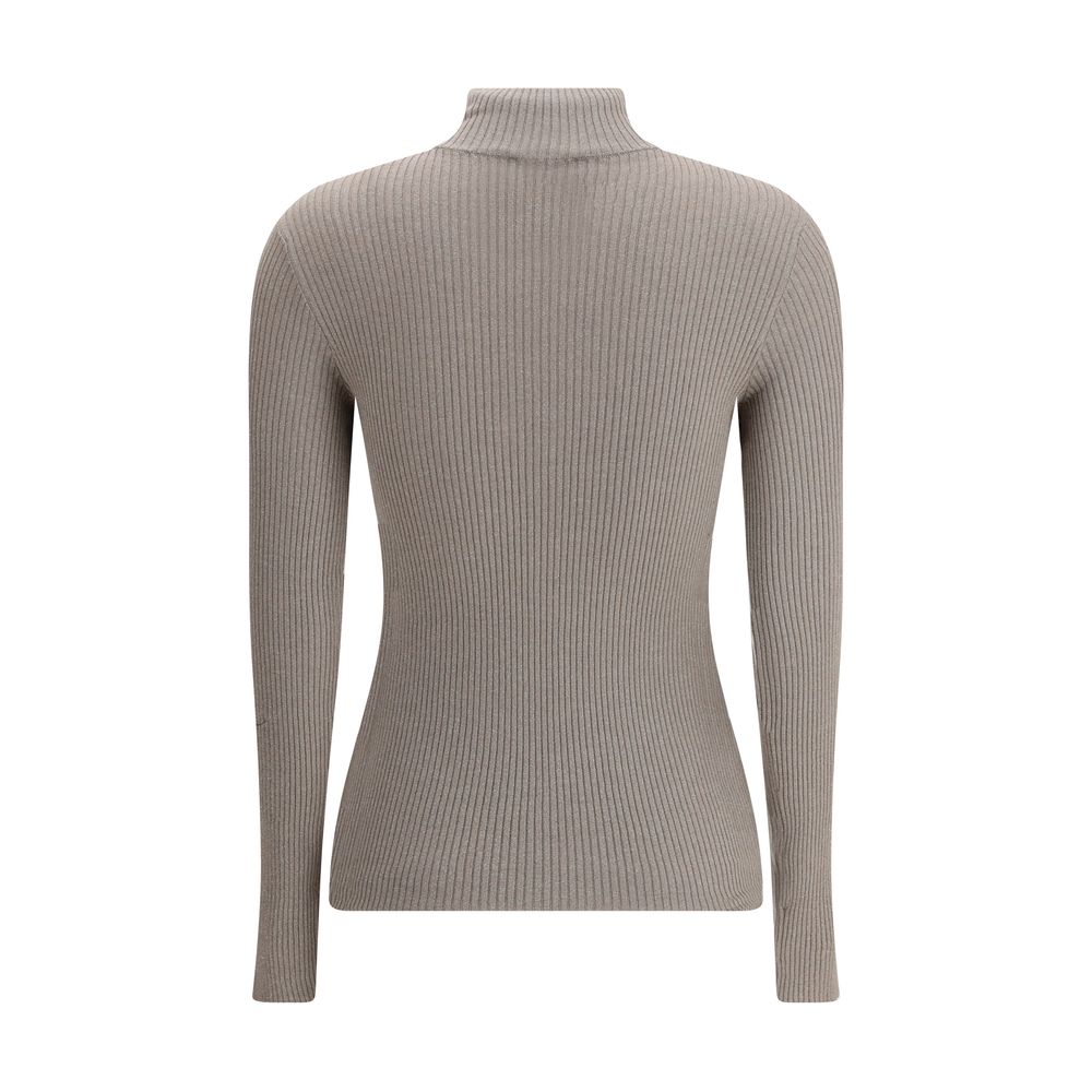 Back view of Brunello Cucinelli Brown Cashmere Sweatshirt with high neck and ribbed texture, featuring elegant long sleeves.