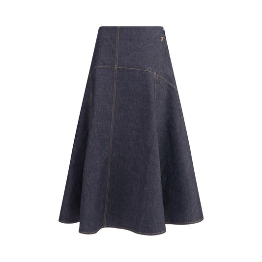 Jacquemus Blue Cotton Midi Skirt featuring flared denim design with contrast stitching and 'J' embroidery, AW25 season.