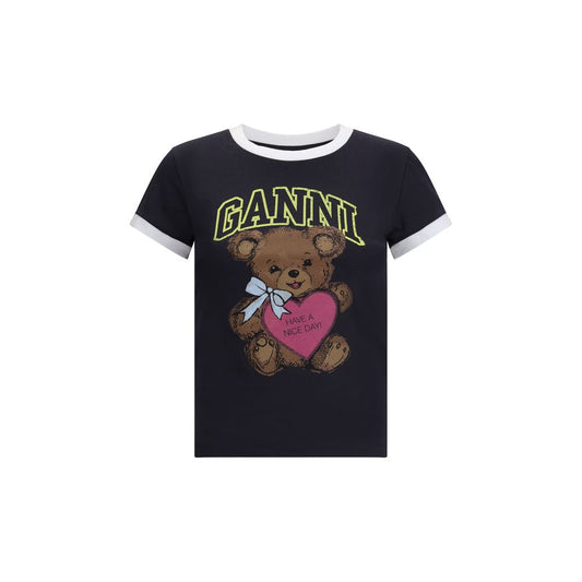 Ganni Black Cotton T-Shirt with teddy bear print and 'Have a nice day! Please recycle' message, emphasizing irony and sustainability.