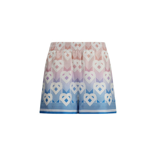 Casablanca Multicolor Silk Bermuda Shorts with degradé heart print, elastic waist, and striped hem detailing.
