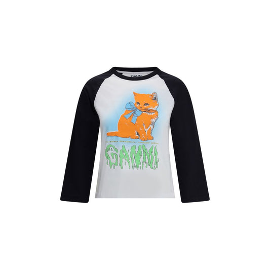 Ganni Multicolor Cotton T-Shirt featuring Kitty print, round neckline, three-quarter sleeves, and positive message "Have a nice day!"