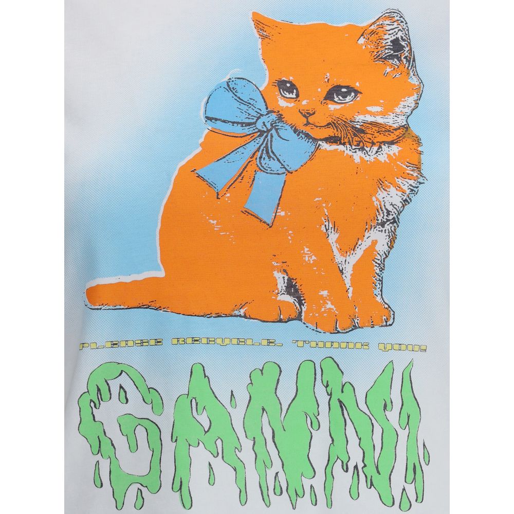 Ganni Multicolor Cotton T-Shirt with kitten print, round neckline, three-quarter sleeves, "Have a nice day! Please recycle!" text.