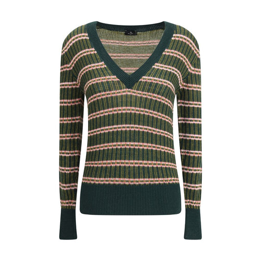 Etro Green Wool Sweatshirt with multicolored stripes, V-neckline, and ribbed trim, perfect for a stylish and refined AW25 look.