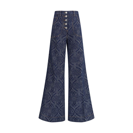 Etro Blue Cotton Flared Jeans with abstract jacquard pattern, Pegaso button closure, and logoed leather back salpa, AW25 collection.