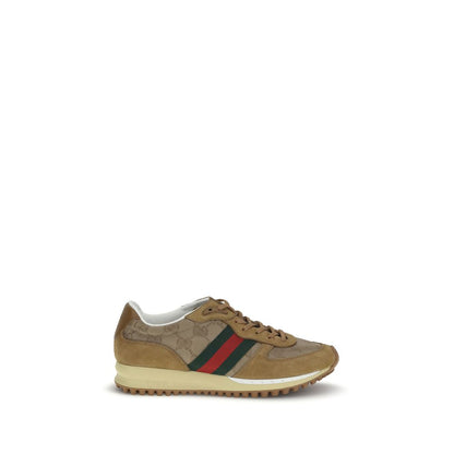 Gucci Beige Polyamide Athletic Sneakers with GG canvas, suede trim, green and red Web stripe, and rubber sole.