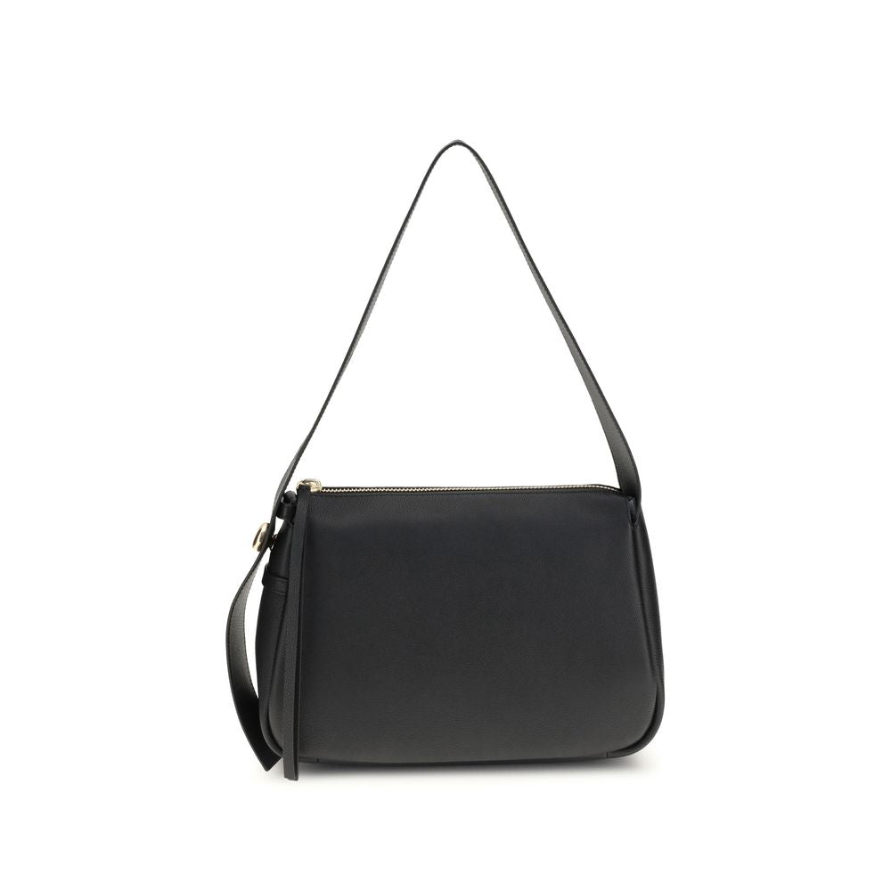 Tory Burch Black Calf Leather Bos Taurus Shoulder Bag with adjustable handle and gold accents, AW25 collection.