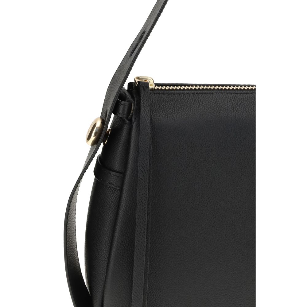 Tory Burch Black Calf Leather Bos Taurus Shoulder Bag with gold-tone details and adjustable handle, zip closure, elegant design.