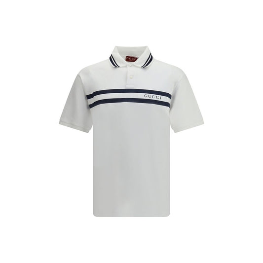 Gucci White Cotton Polo Shirt with striped print and logo, regular fit for a modern look, composition 95% cotton, 5% elastane, AW25 season.