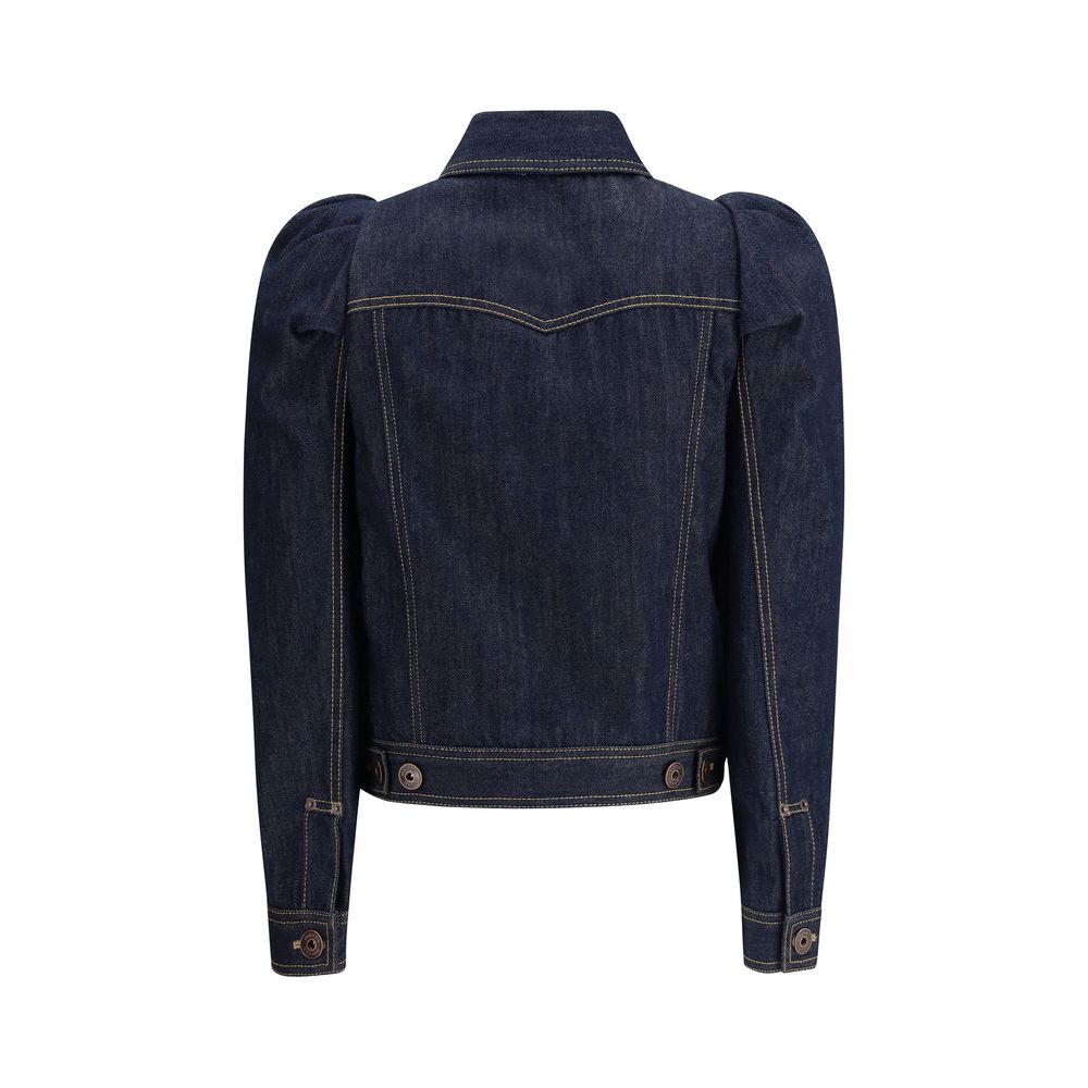 Alexander McQueen Blue Cotton Denim Jacket with pointed shoulders and contrast stitching, back view.