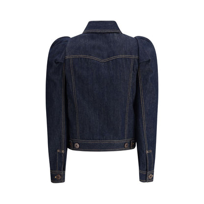 Alexander McQueen Blue Cotton Denim Jacket with pointed shoulders and contrast stitching, back view.