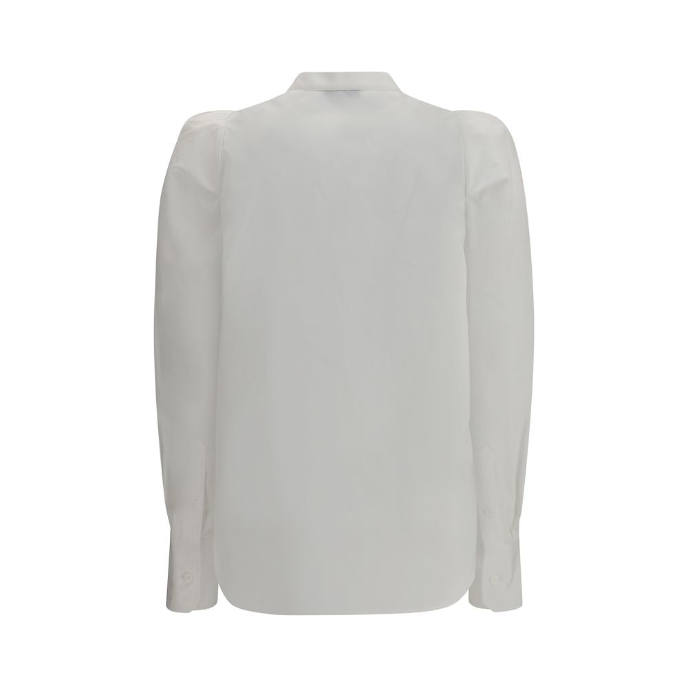 Back view of Alexander McQueen White Cotton Dress Shirt with mandarin collar and ruffled shoulders, slim fit.