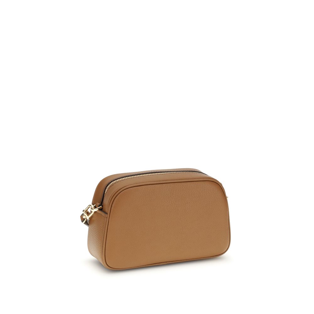 Michael Kors Brown Calf Leather Bos Taurus Shoulder Bag with gold-tone details and zip closure, showcasing elegant design and adjustable strap.