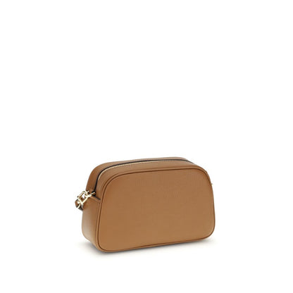 Michael Kors Brown Calf Leather Bos Taurus Shoulder Bag with gold-tone details and zip closure, showcasing elegant design and adjustable strap.