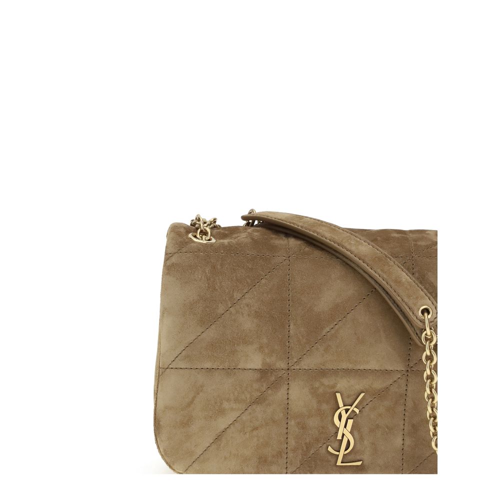Saint Laurent Beige Calf Leather Bos Taurus Shoulder Bag with YSL emblem, featuring quilted suede design and chain strap.
