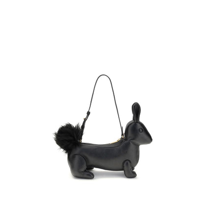 Thom Browne Black Calf Leather Bos Taurus Shoulder Bag in rabbit shape with fur tail and brass zipper closure.