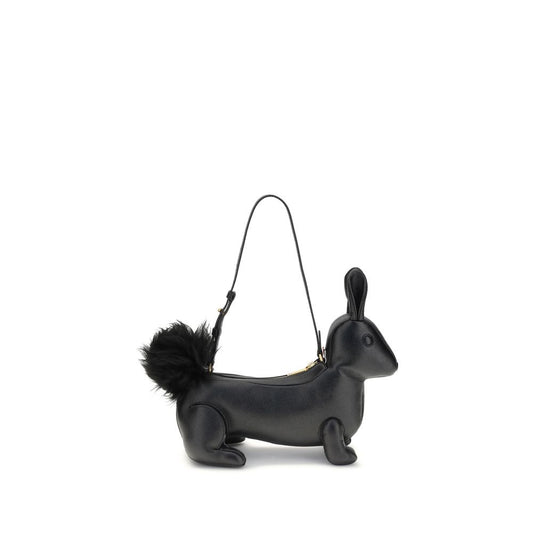 Thom Browne Black Calf Leather Bos Taurus Shoulder Bag in rabbit shape with fur tail and brass zipper closure.