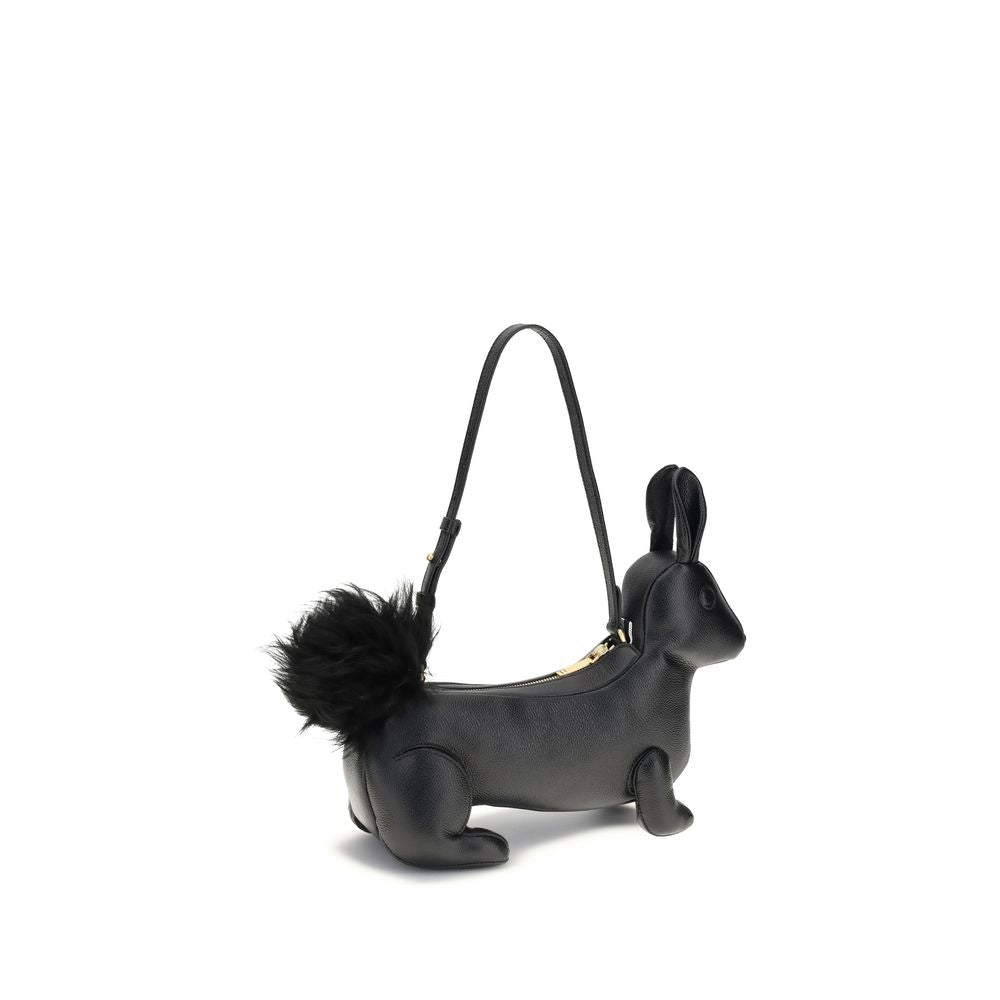 Thom Browne Black Calf Leather Bos Taurus Shoulder Bag with rabbit shape and fur tail.