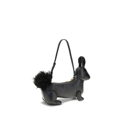 Thom Browne Black Calf Leather Bos Taurus Shoulder Bag with rabbit shape and fur tail.